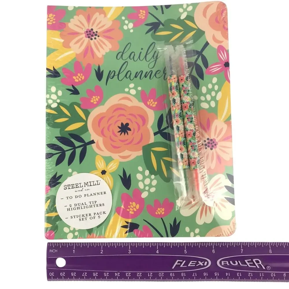 NWT Steel Mill & Co. Floral Daily Planner 2 Dual Tip Highlighters Sealed 8x7''